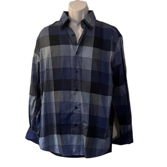 Bugatchi Button Down Shirt Men's Shaped Fit Long Sleeve XL Blue Checkered - Picture 1 of 6